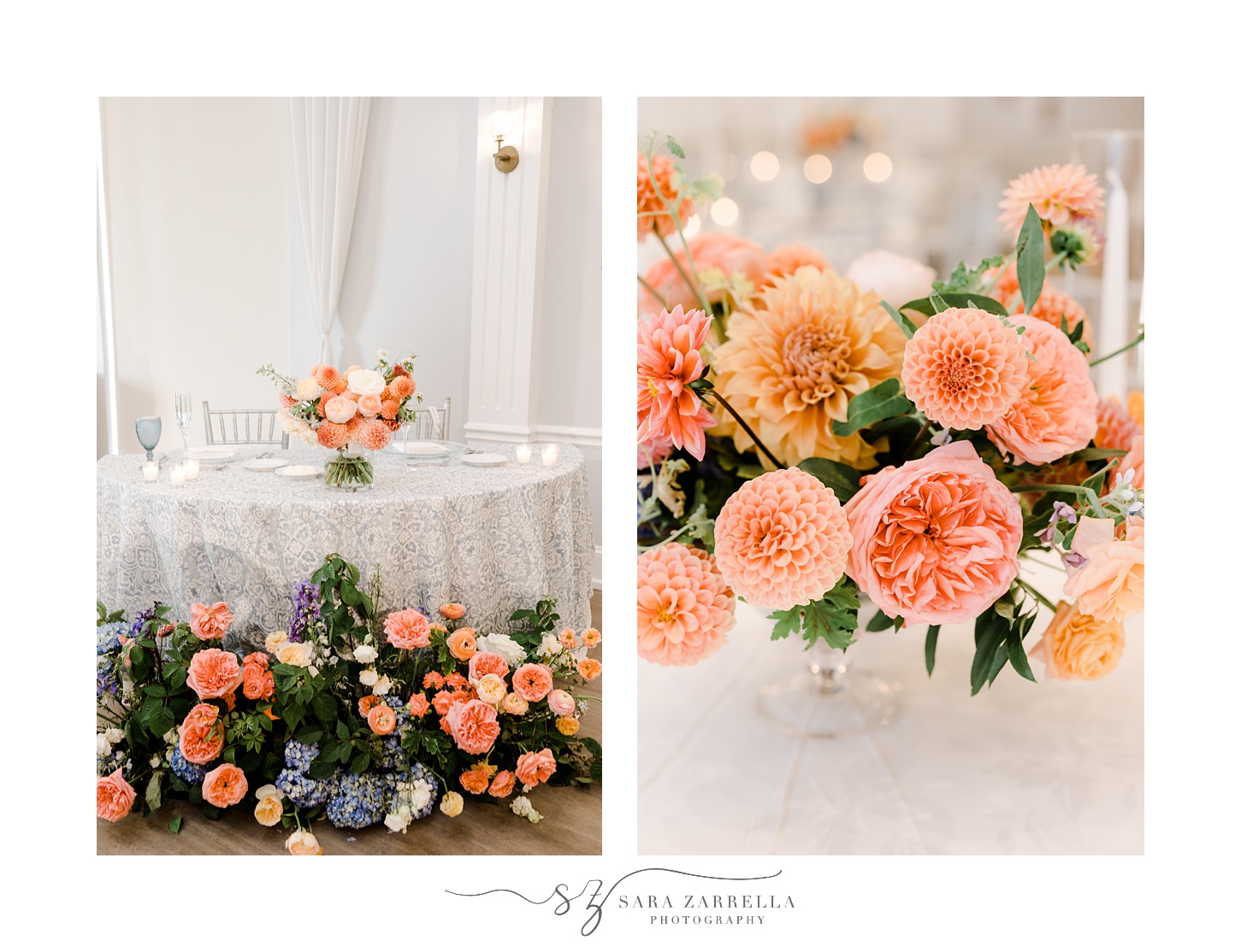 sweetheart table with pink and peach flowers at Newport Harbor Island Resort