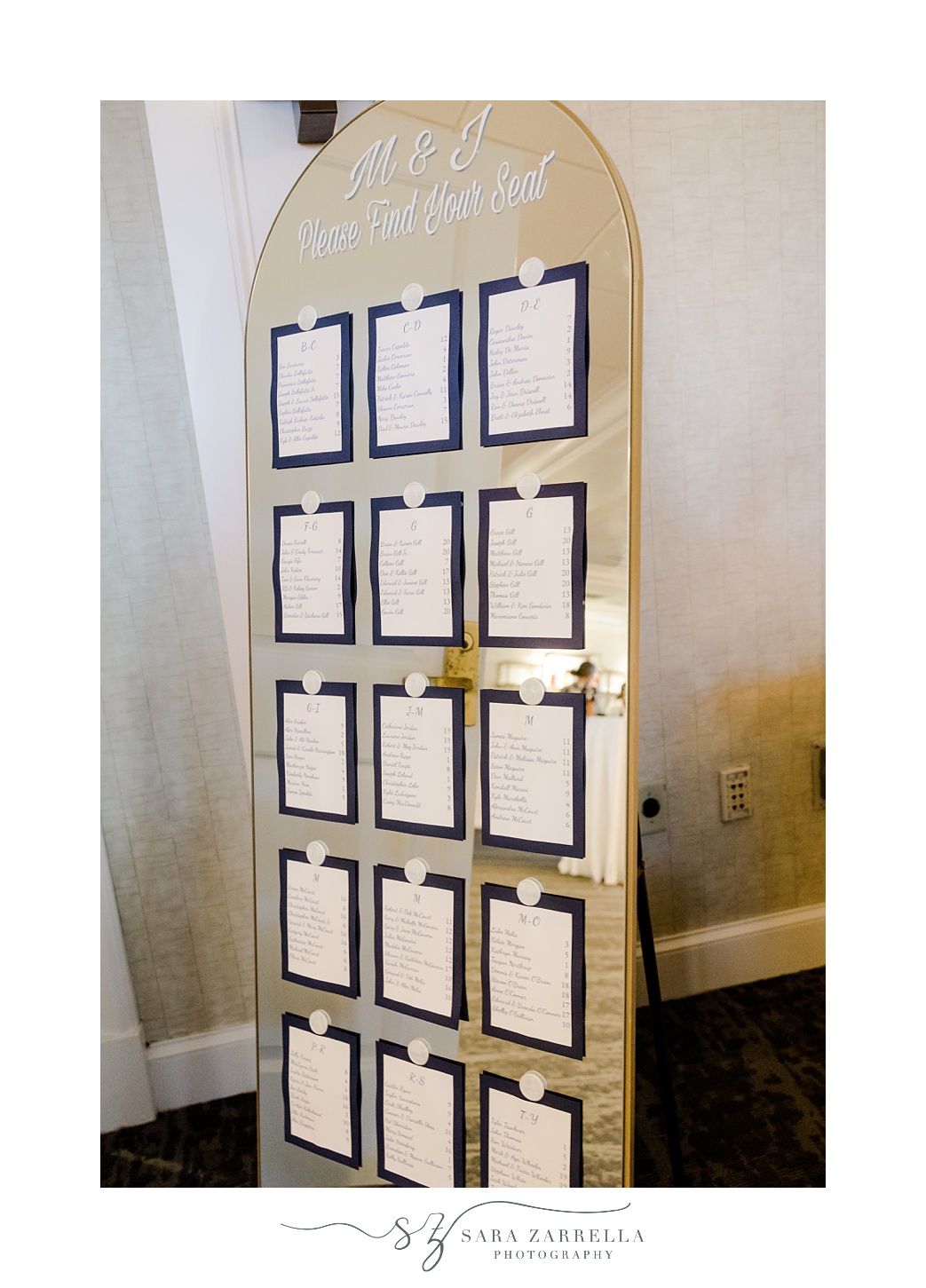 wedding seating chart on gold sign with blue paper 