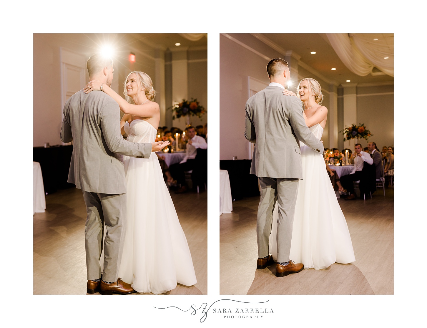 bride and groom dance together during wedding reception at Newport Harbor Island Resort
