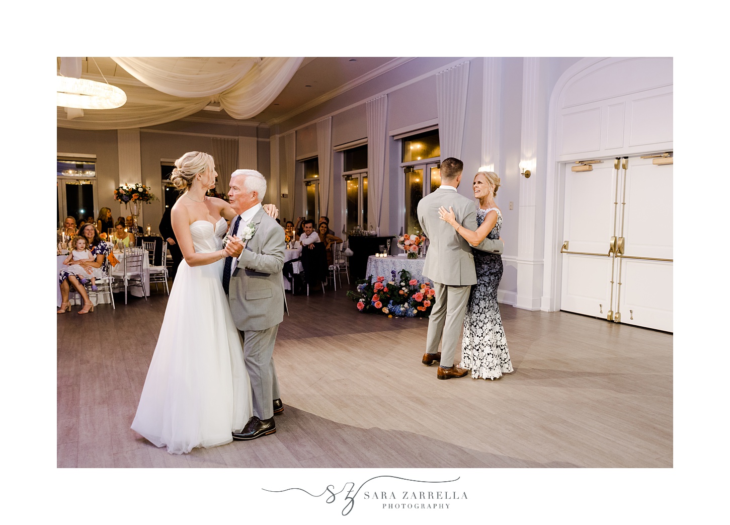 bride and groom dance with in laws during during Newport RI wedding reception 