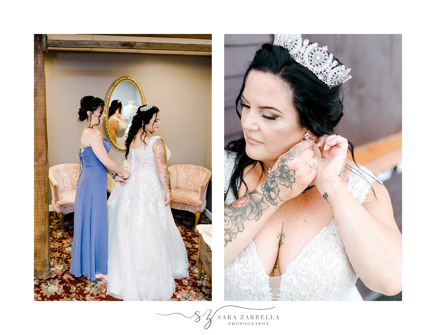 bridesmaids help bride into wedding dress and crown 