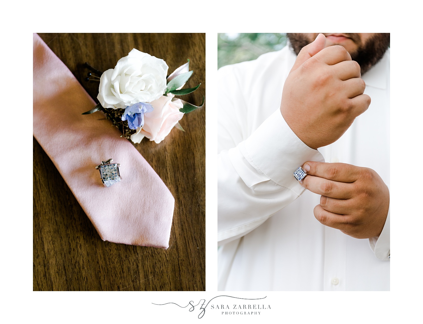 groom adjusts bejeweled cufflinks before Blissful Meadows wedding
