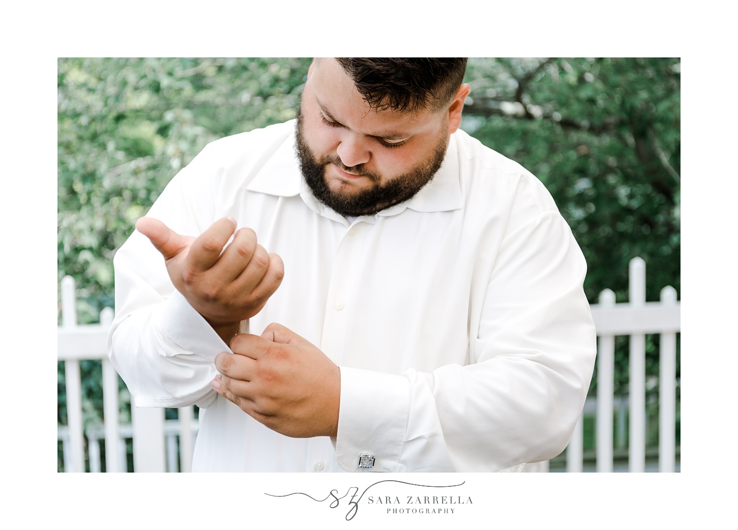 groom adjusts diamond cufflinks before Blissful Meadows wedding
