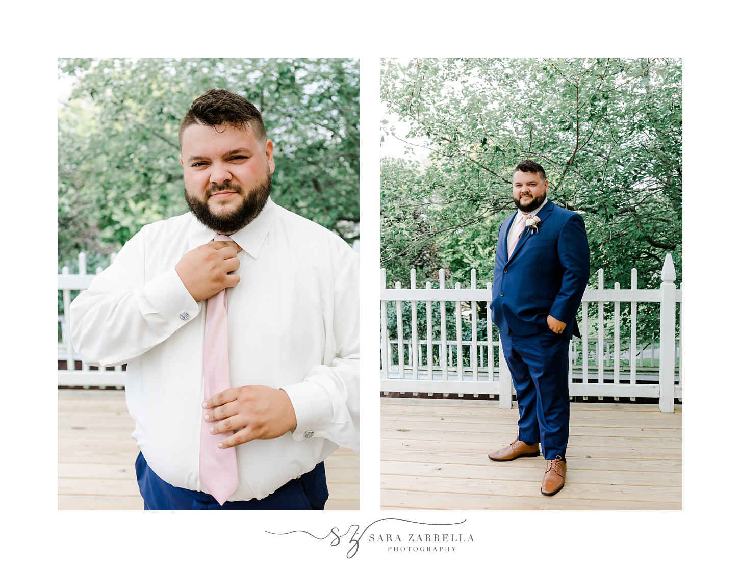 groom poses in navy suit on patio at Blissful Meadows
