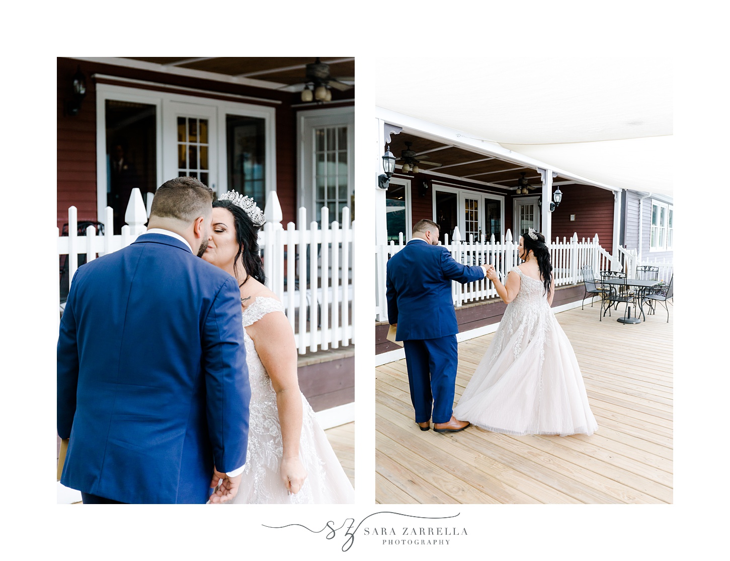 bride kisses groom in front of white fence on patio at Blissful Meadows