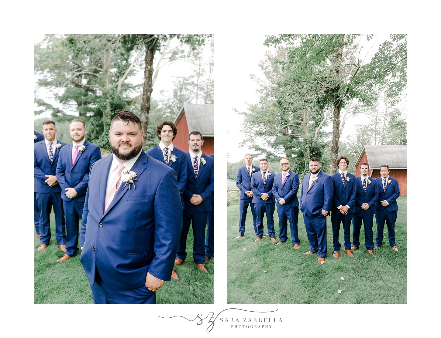 groom stands in front of groomsmen in navy suits on lawn at Blissful Meadows