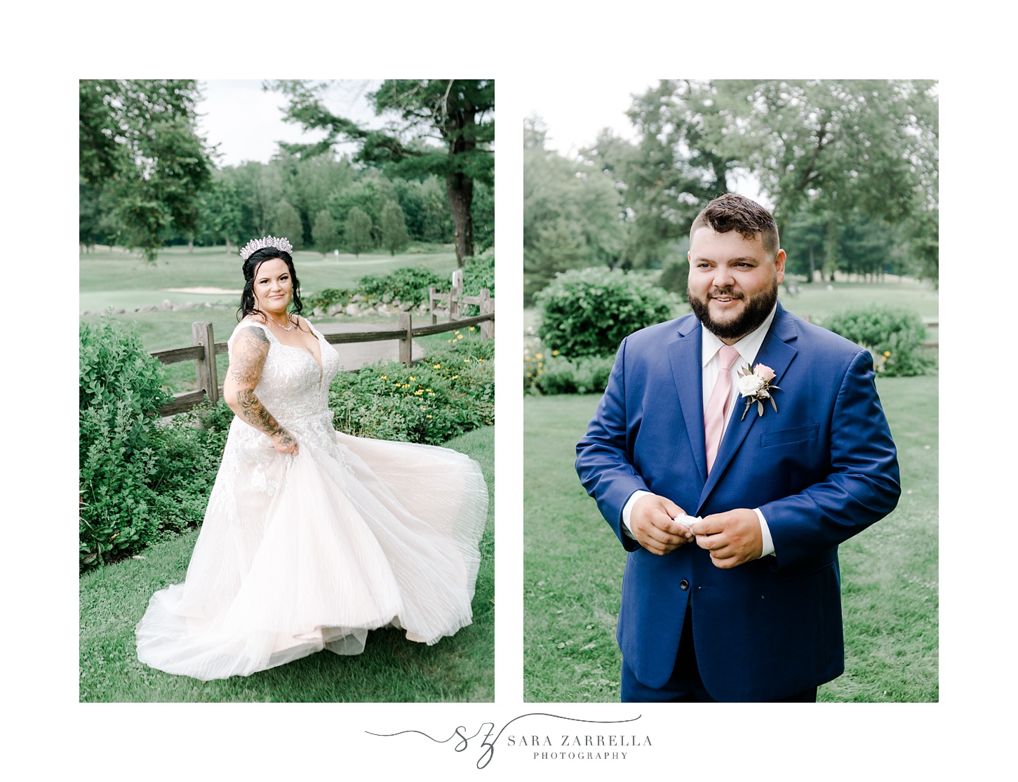 groom buttons up navy suit and bride twirls in wedding dress in Uxbridge MA