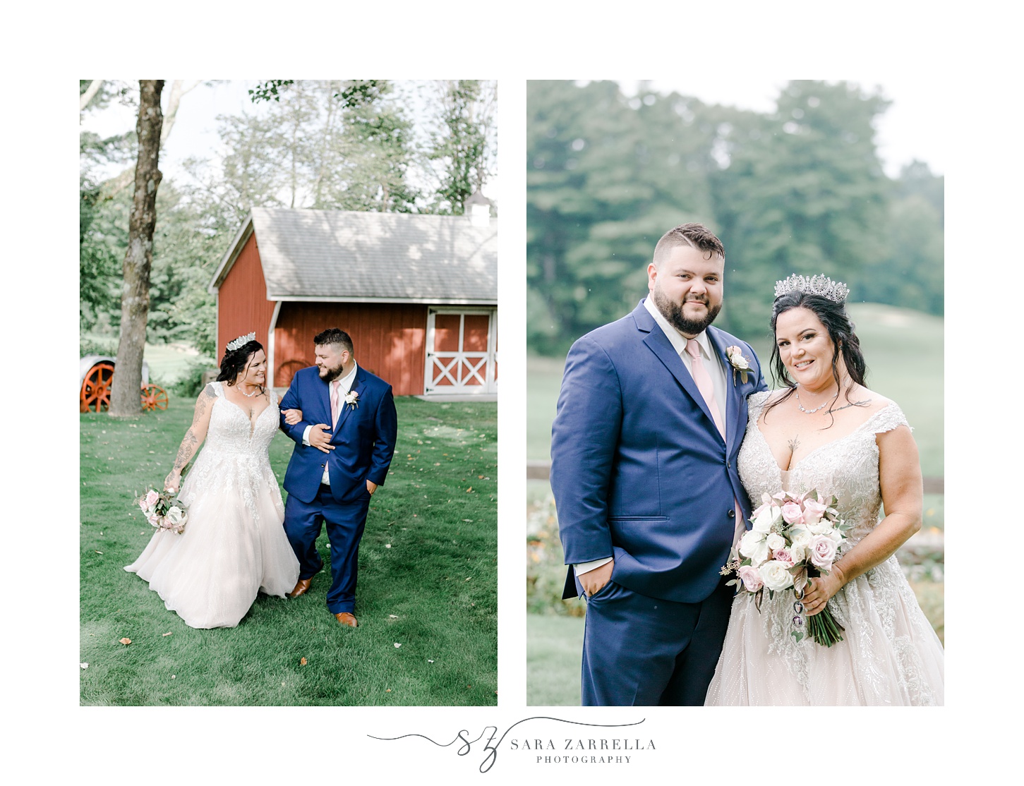 newlyweds walk in front of red barn during Uxbridge MA wedding day