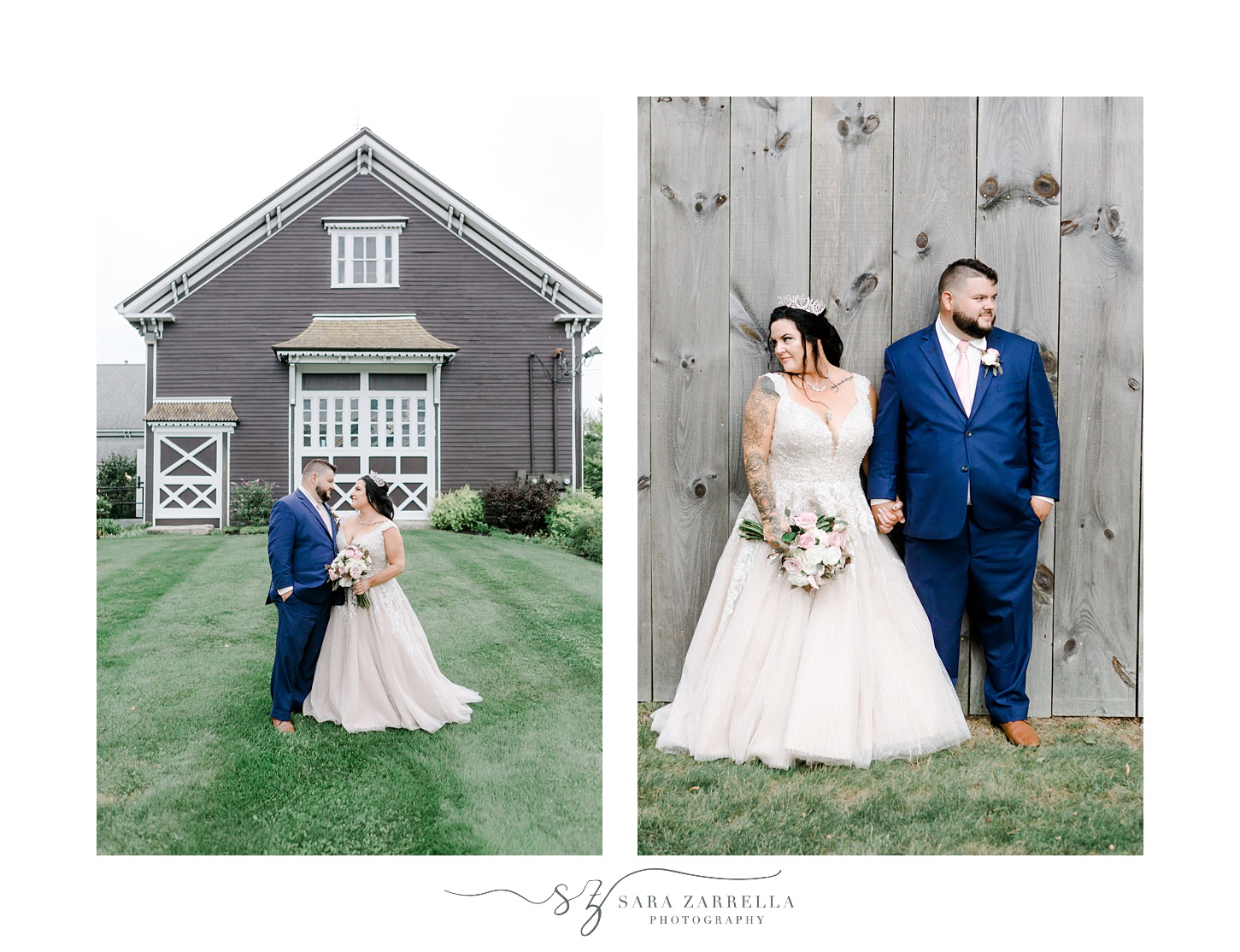 newlyweds walk on mowed lawn in front of barn at Blissful Meadows