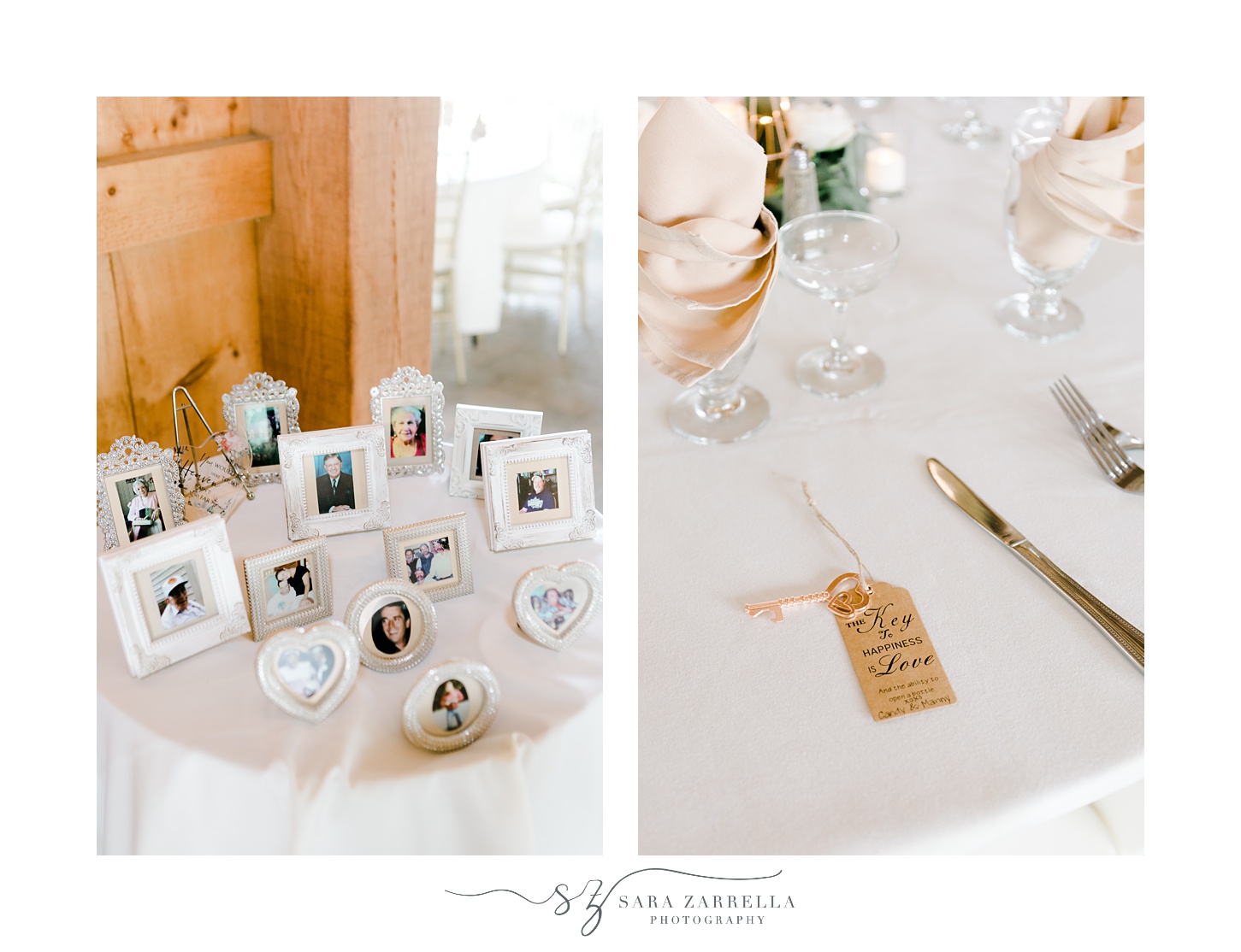 wedding reception in the Pavilion at Blissful Meadows with tags at seat 