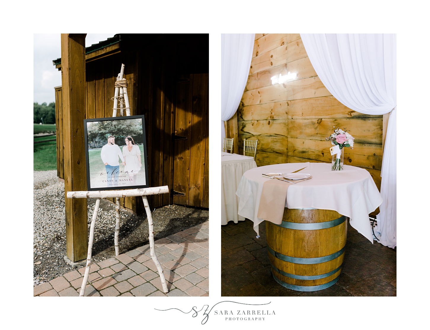 sign and wooden barrel for wedding reception in the Pavilion at Blissful Meadows