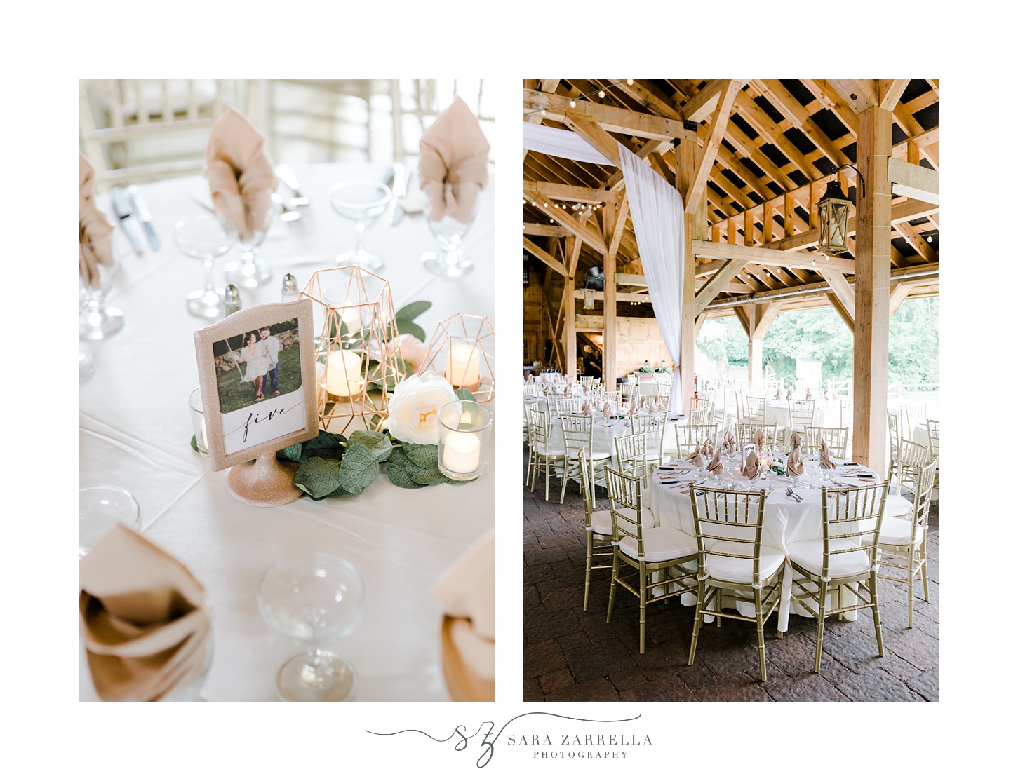 wedding reception in the Pavilion at Blissful Meadows with pink and white flower centerpieces 