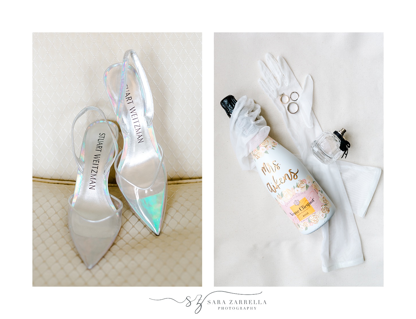 bride's shoes and champagne bottle for Glen Manor House wedding
