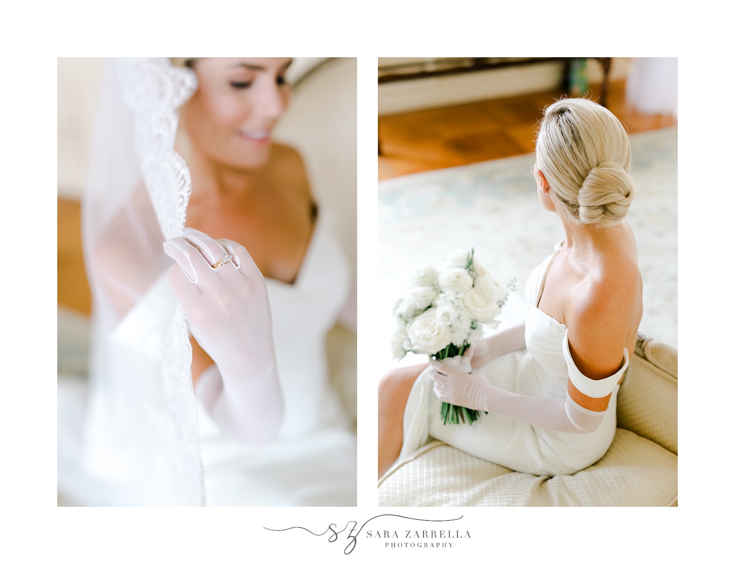 bride holds edge of veil showing off diamond ring over white gloves