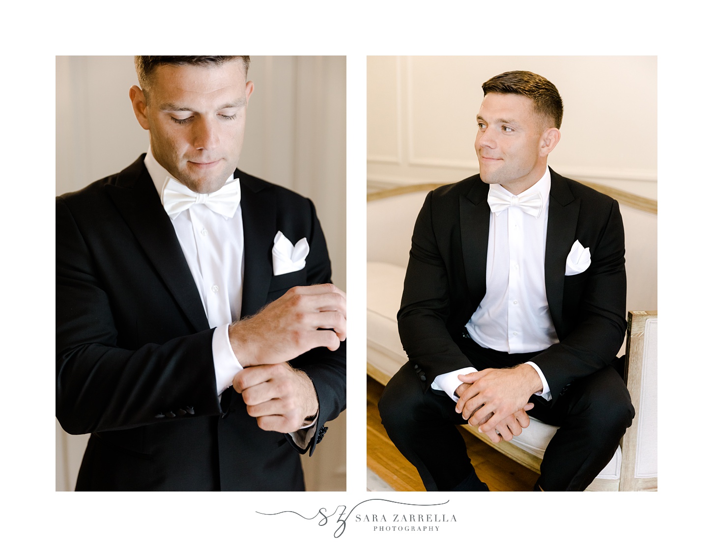 groom sits on sofa buttons up jacket at Glen Manor House