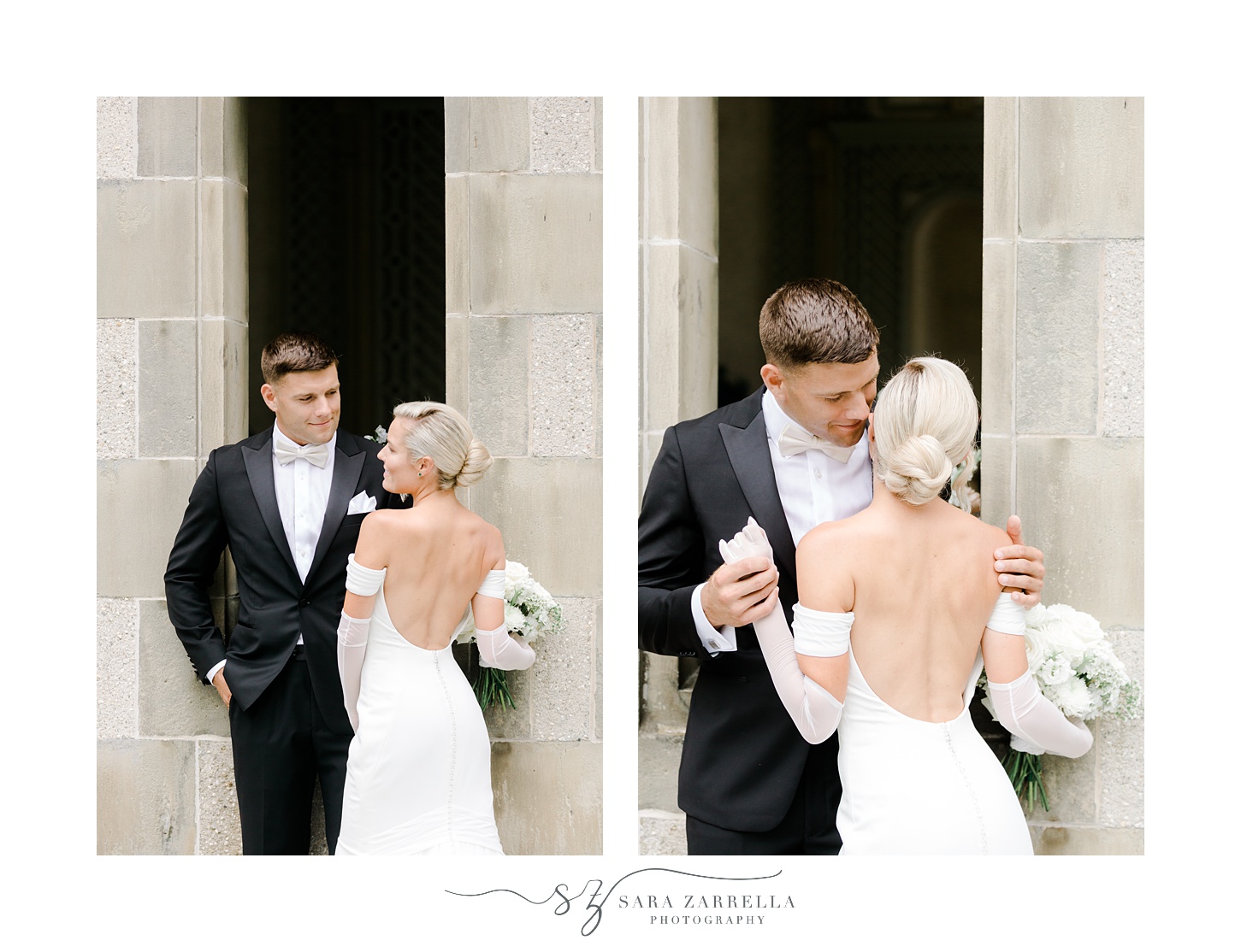 bride and groom hug near marble building at Glen Manor House