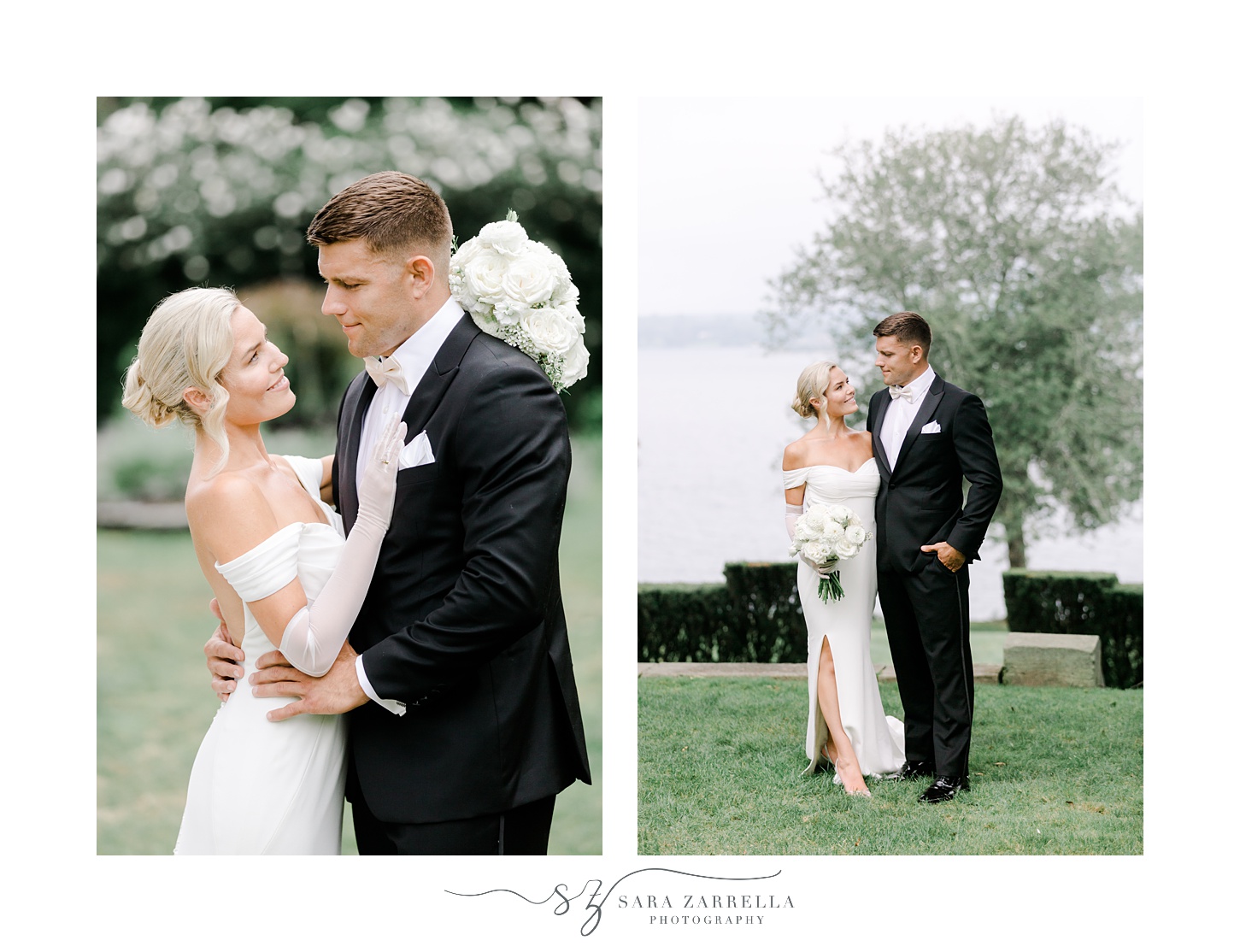newlyweds hug on lawn at Glen Manor House in Portsmouth RI