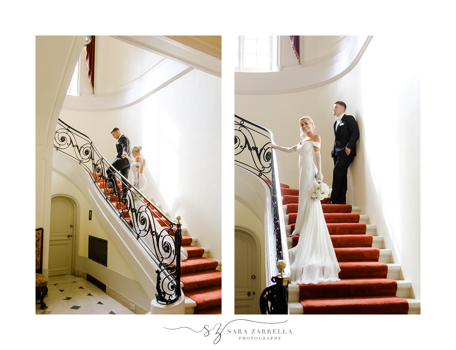 bride and groom walk up staircase inside Glen Manor House
