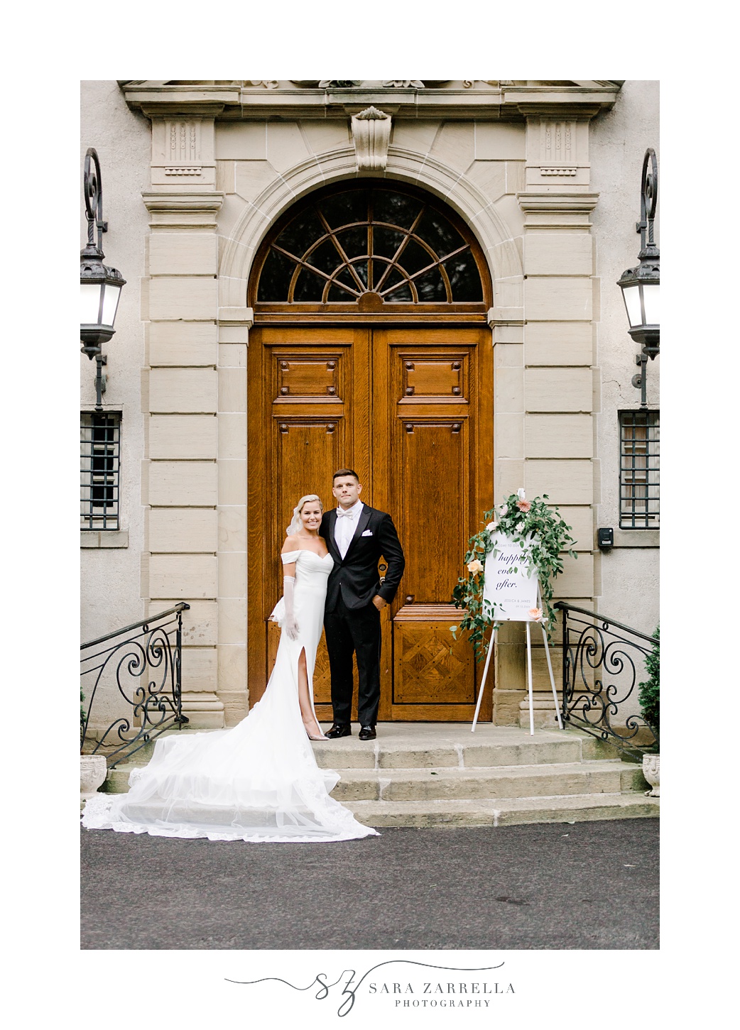 bride and groom stand on steps outside Glen Manor House