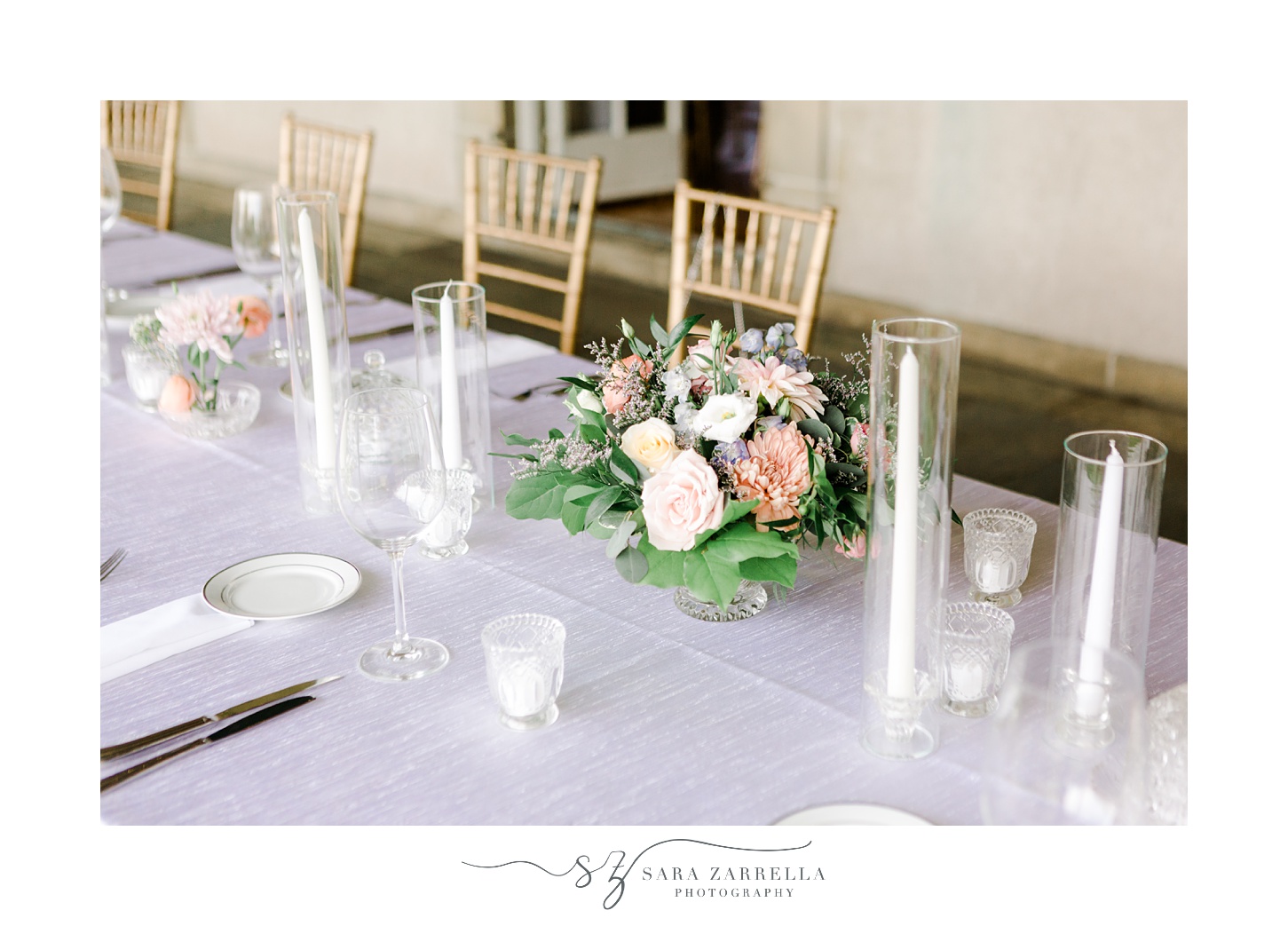 pink and white centerpiece for table on patio at Glen Manor House