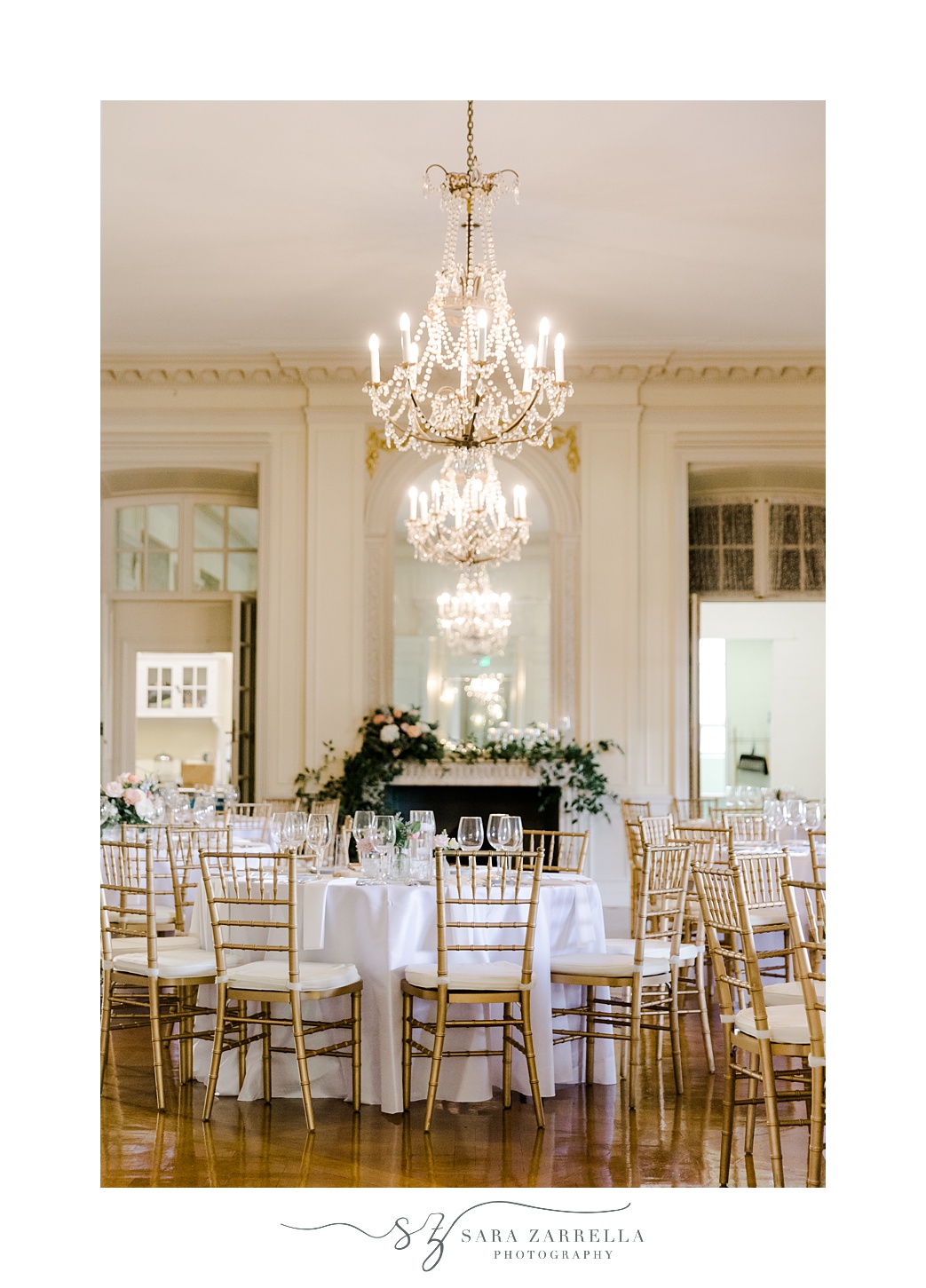 wedding reception inside Glen Manor House with pink and white flowers 