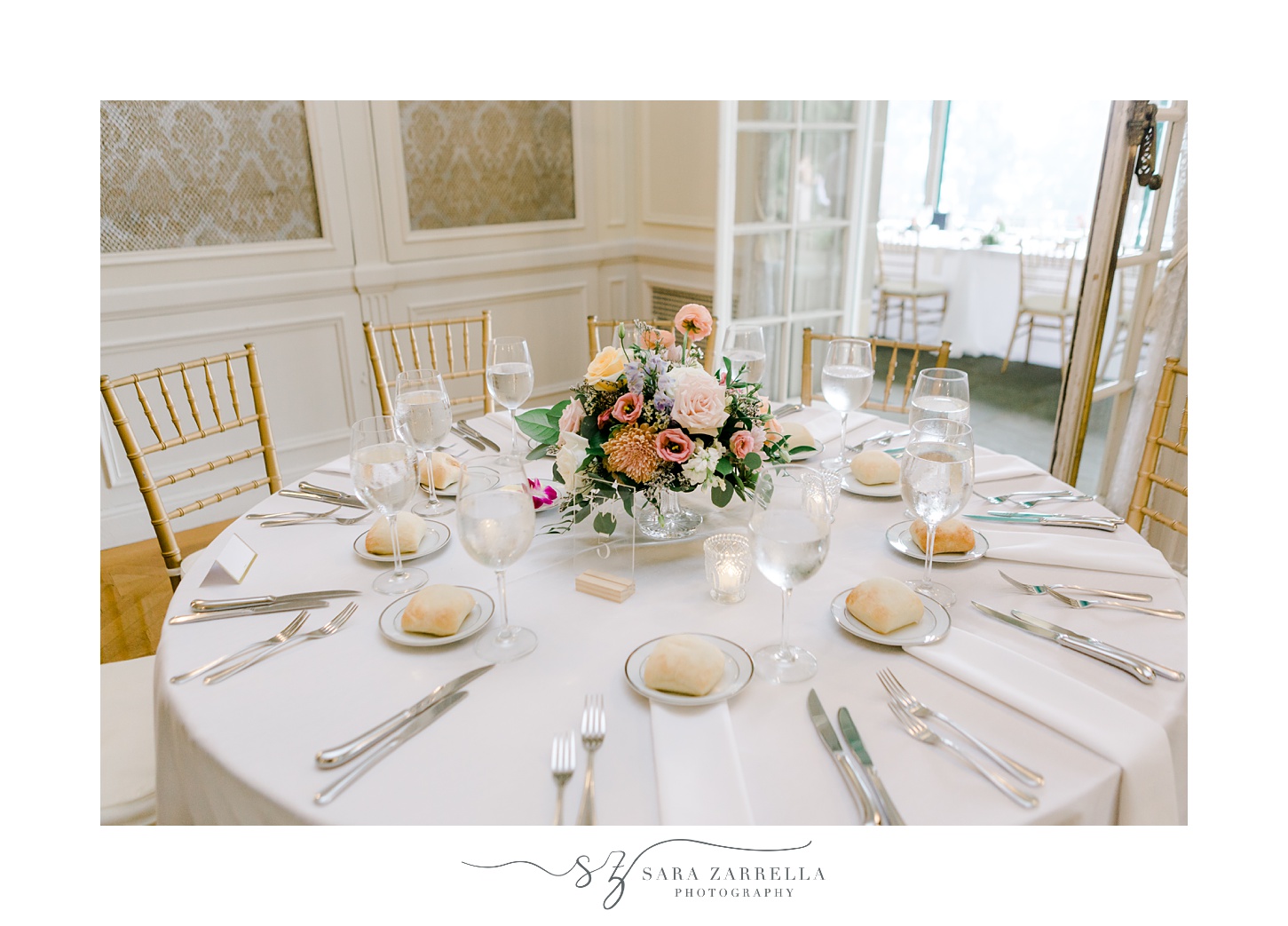 summer wedding reception decor inspired by French Chateau in Portsmouth RI