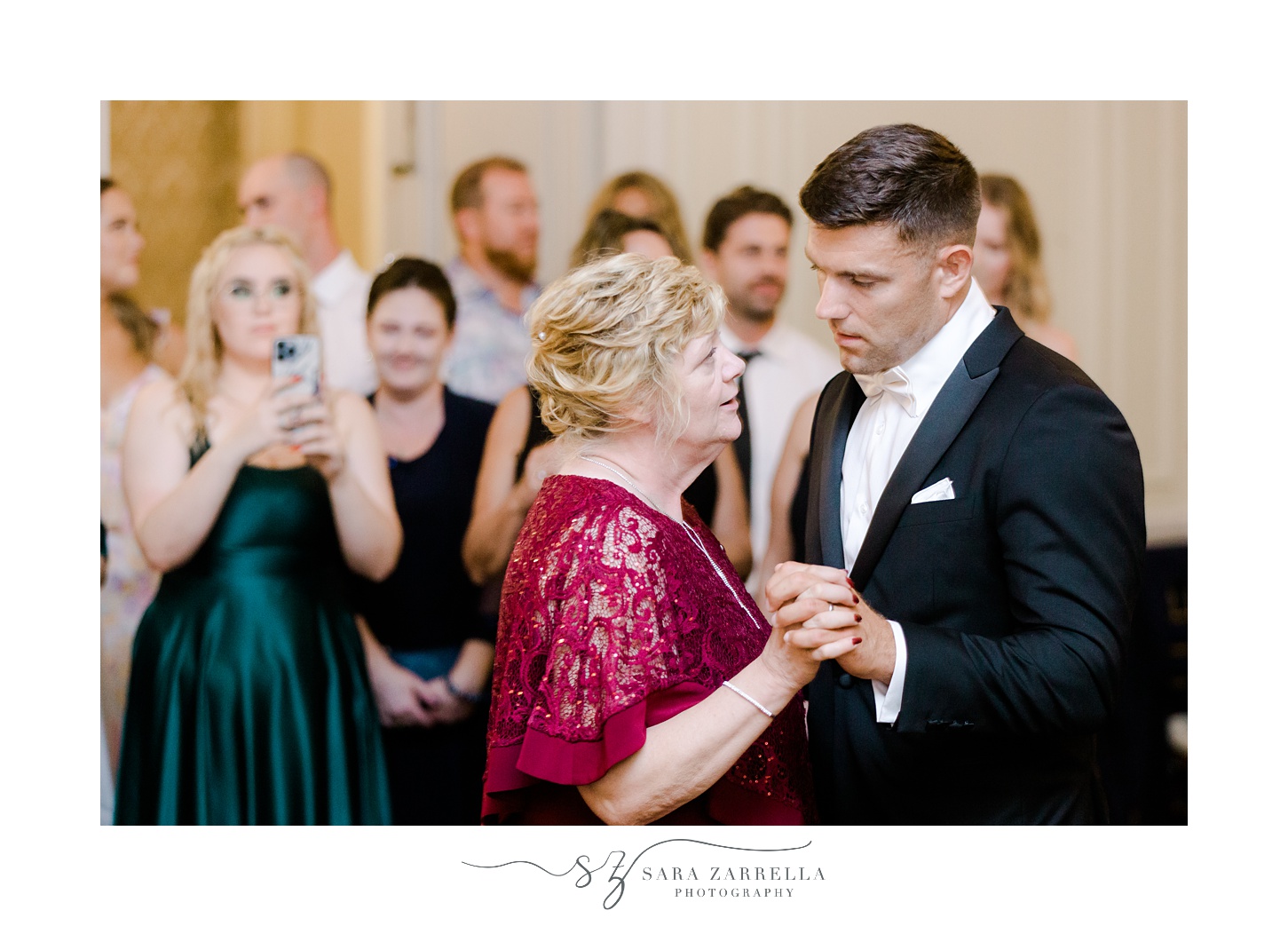 groom and mother dance during Portsmouth RI wedding reception