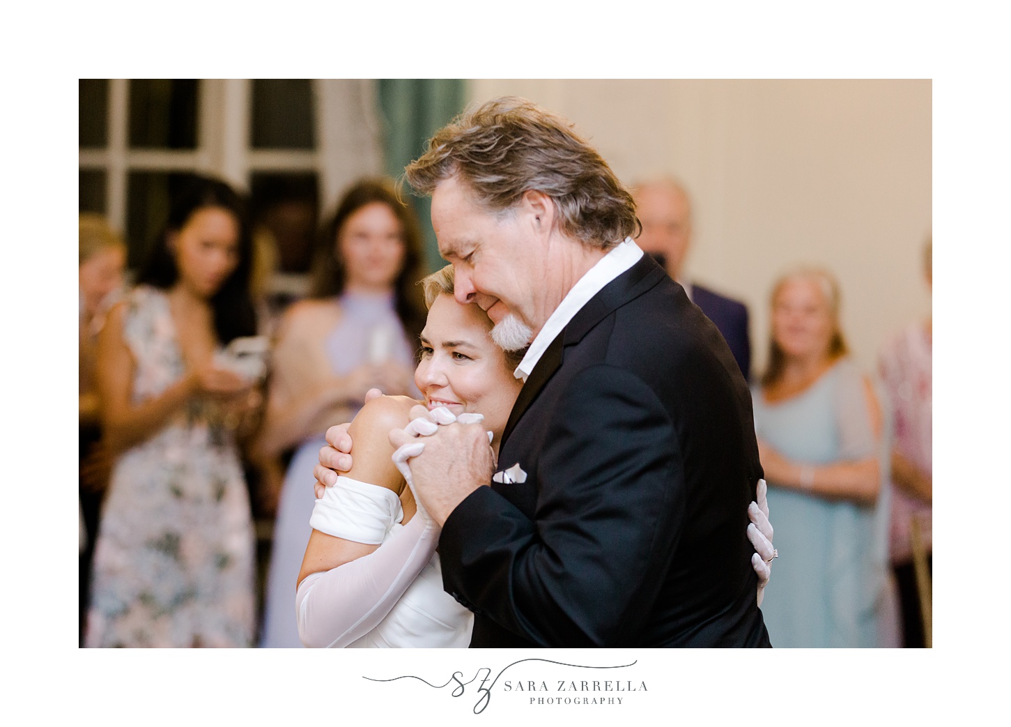bride and father hug dancing during Portsmouth RI wedding reception