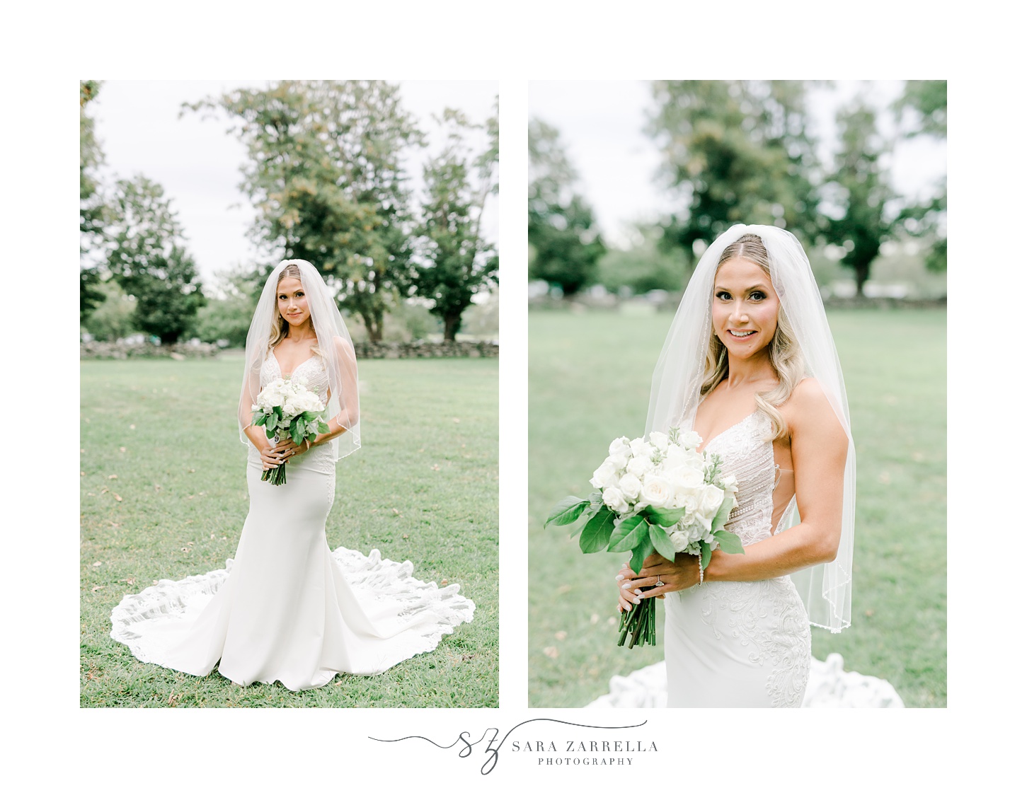 bride holds bouquet of white roses with short veil in Colt State Park