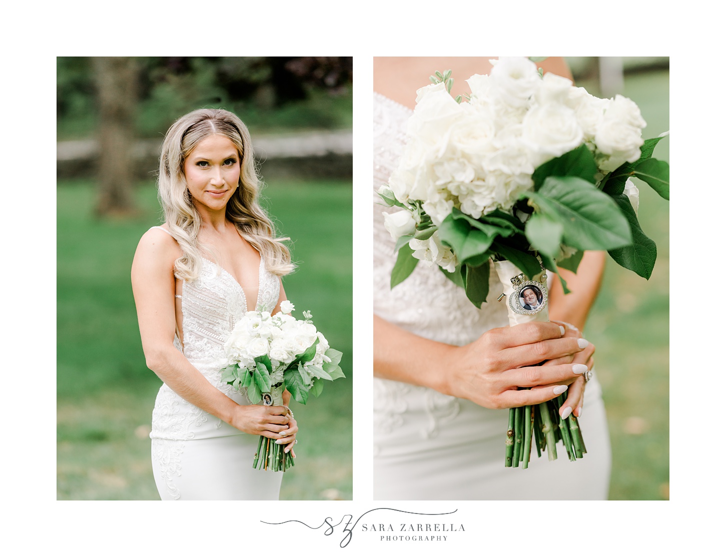 bride holds bouquet of ivory flowers with charms  during wedding portraits at Colt State Park
