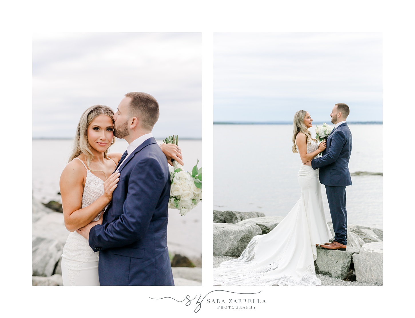 newlyweds hug on rocks near Narragansett Bay