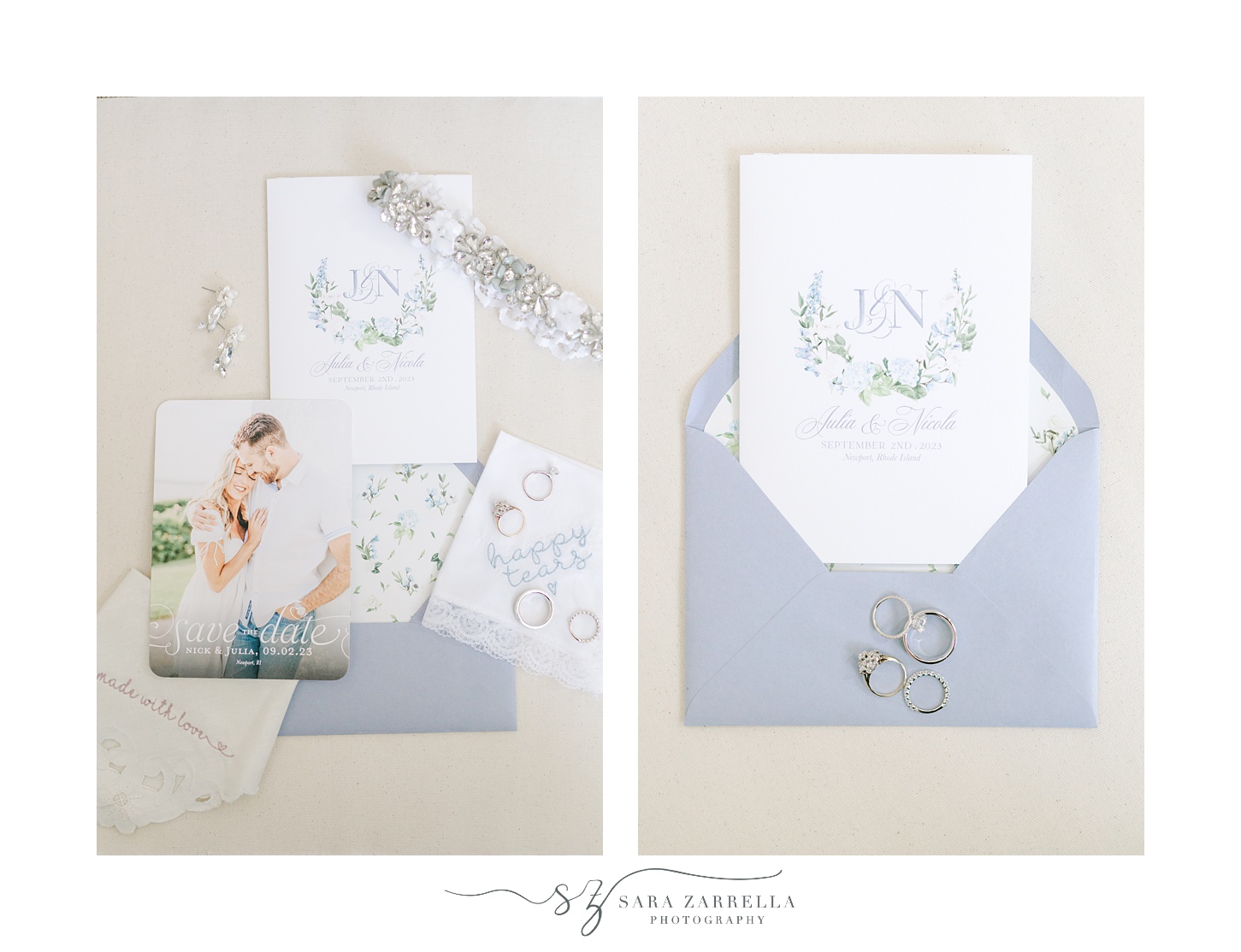 blue and white invitation suite for summer wedding at Belle Mer Island House