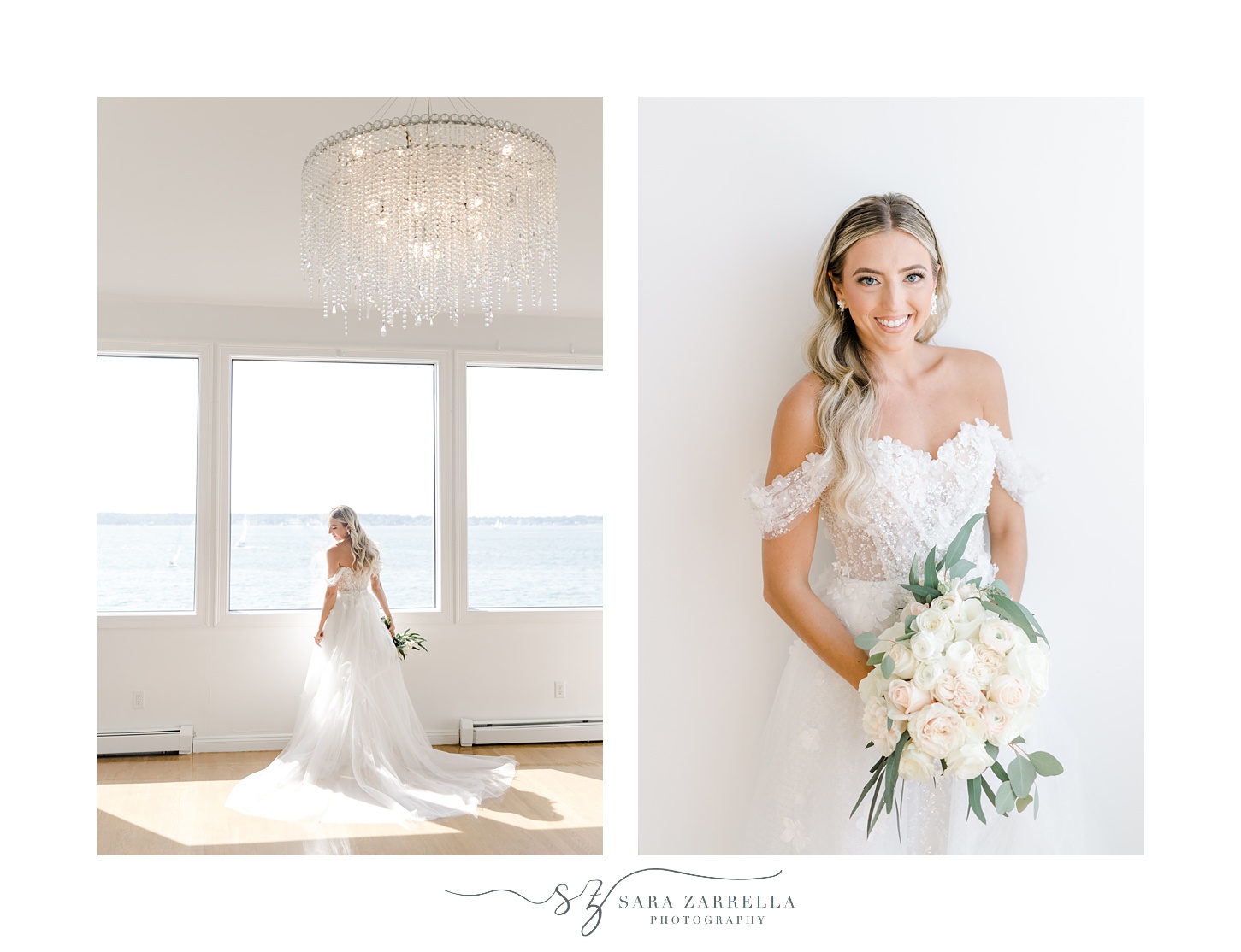 bride leans against white wall of suite at Belle Mer Island House in wedding gown with ivory flowers 
