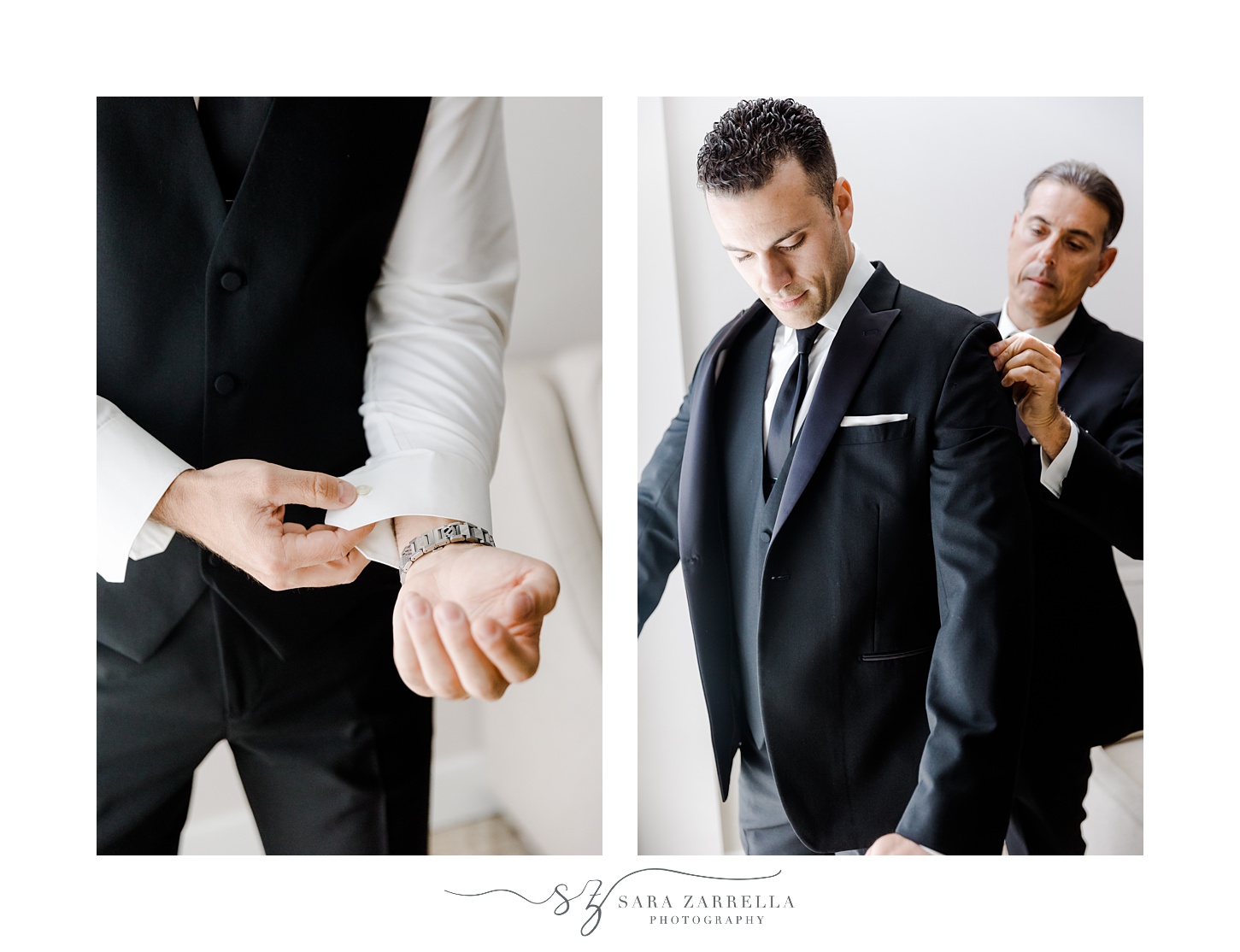 groomsman helps groom into black tux jacket