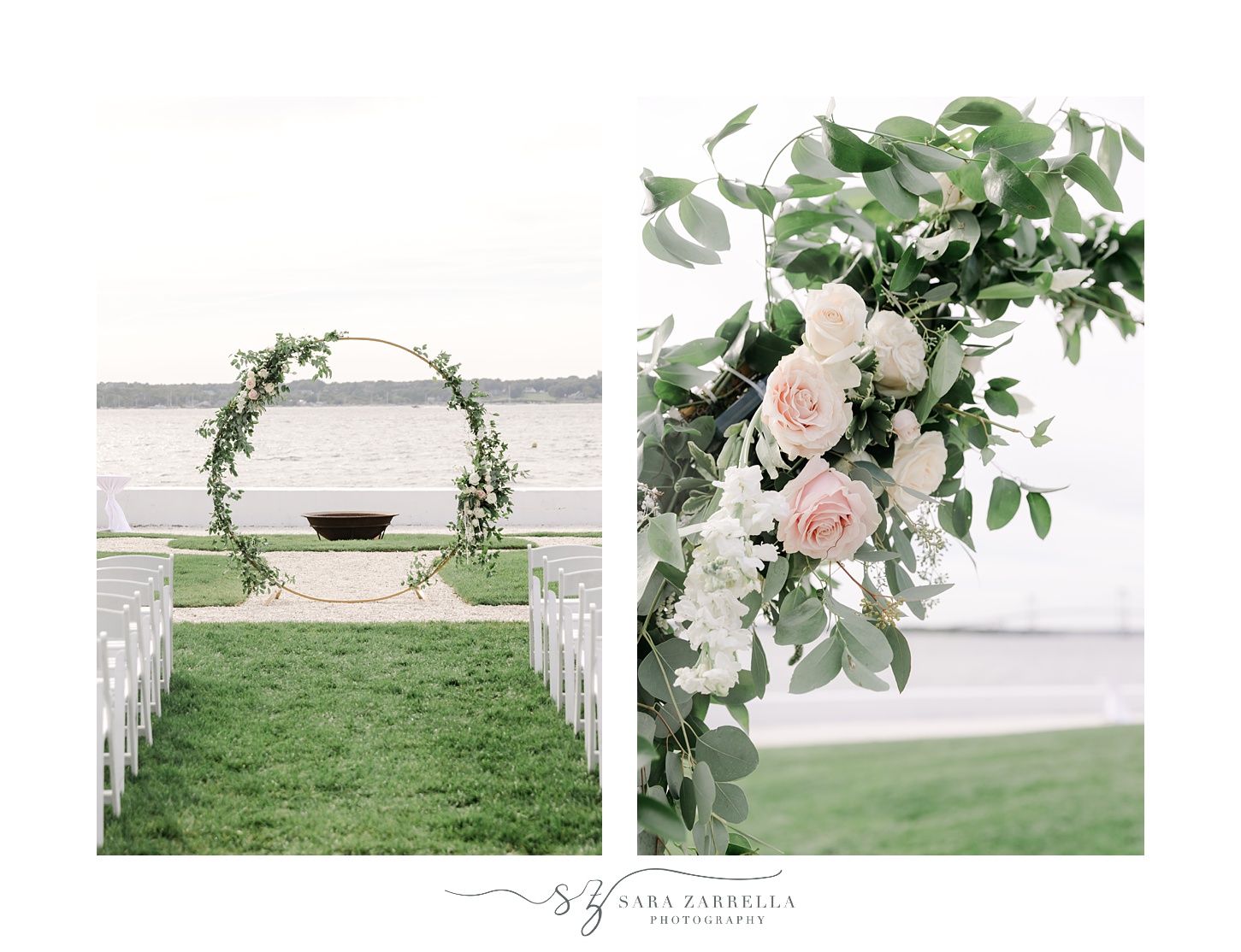 circle arbor with greenery and roses for waterfront wedding ceremony on lawn at Belle Mer Island House