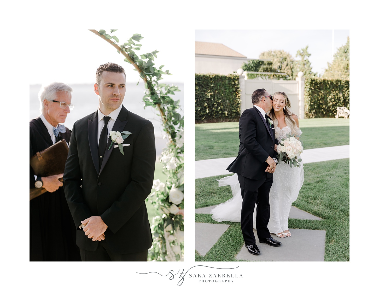 father reaches to kiss bride's cheek before walking down aisle 