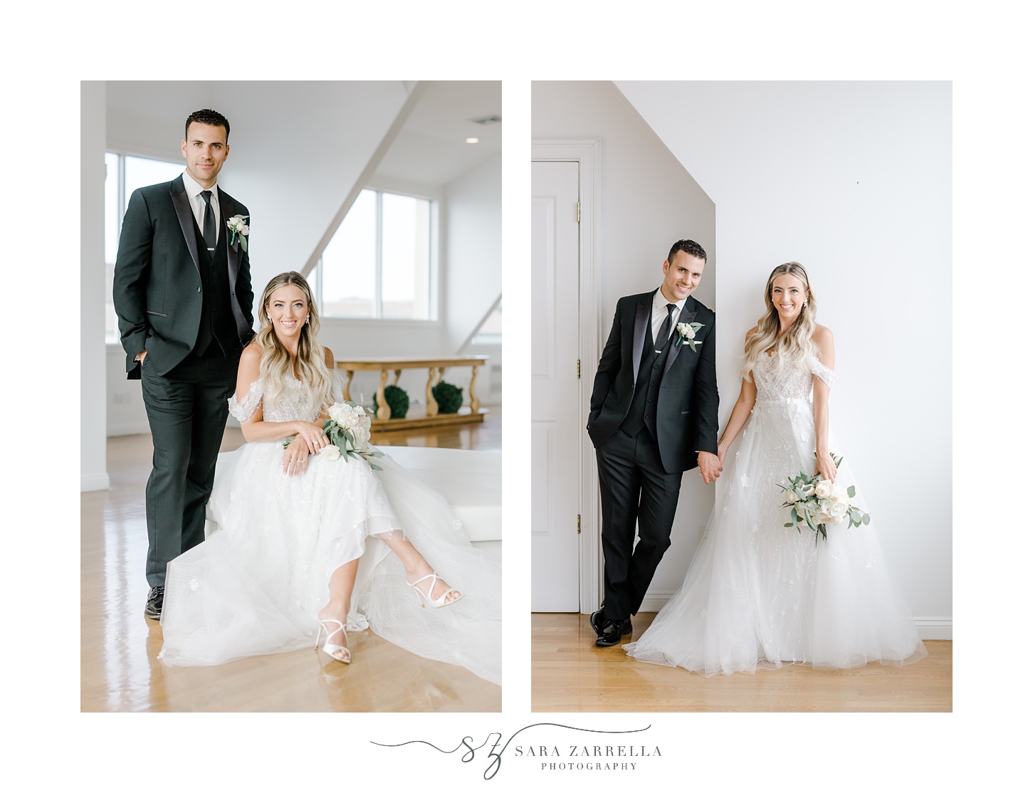 bride and groom hold hands inside bridal suite at Belle Mer Island House
