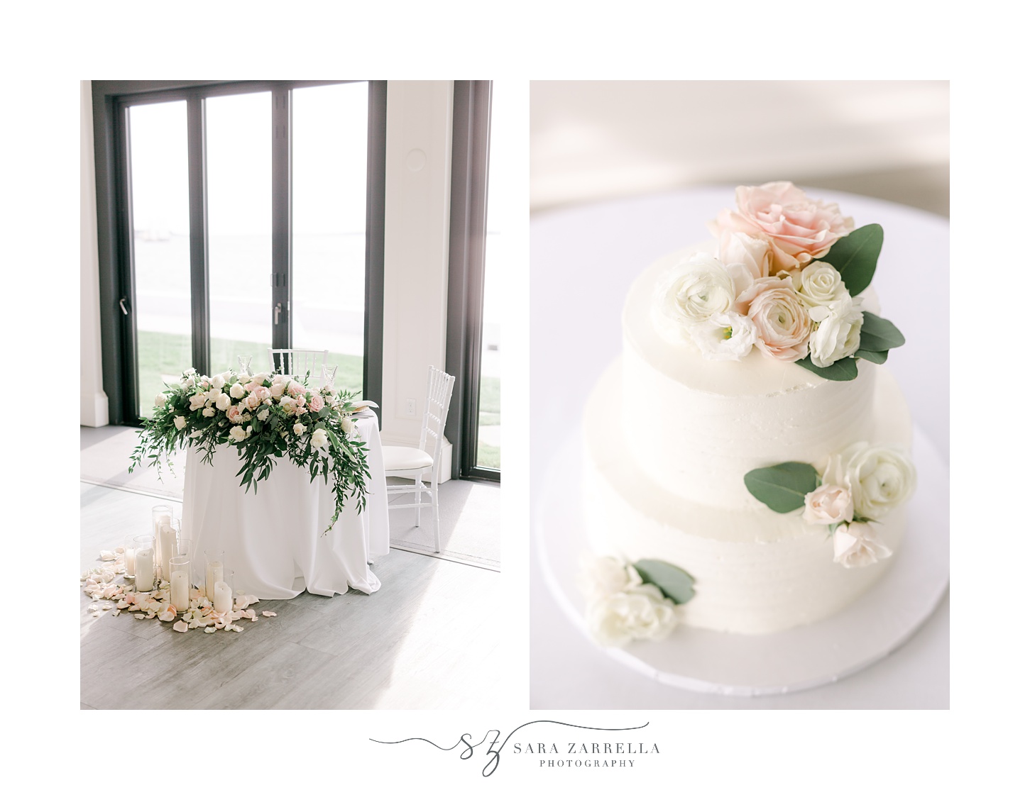 tiered wedding cake with pink flowers for summer wedding reception at Belle Mer Island House