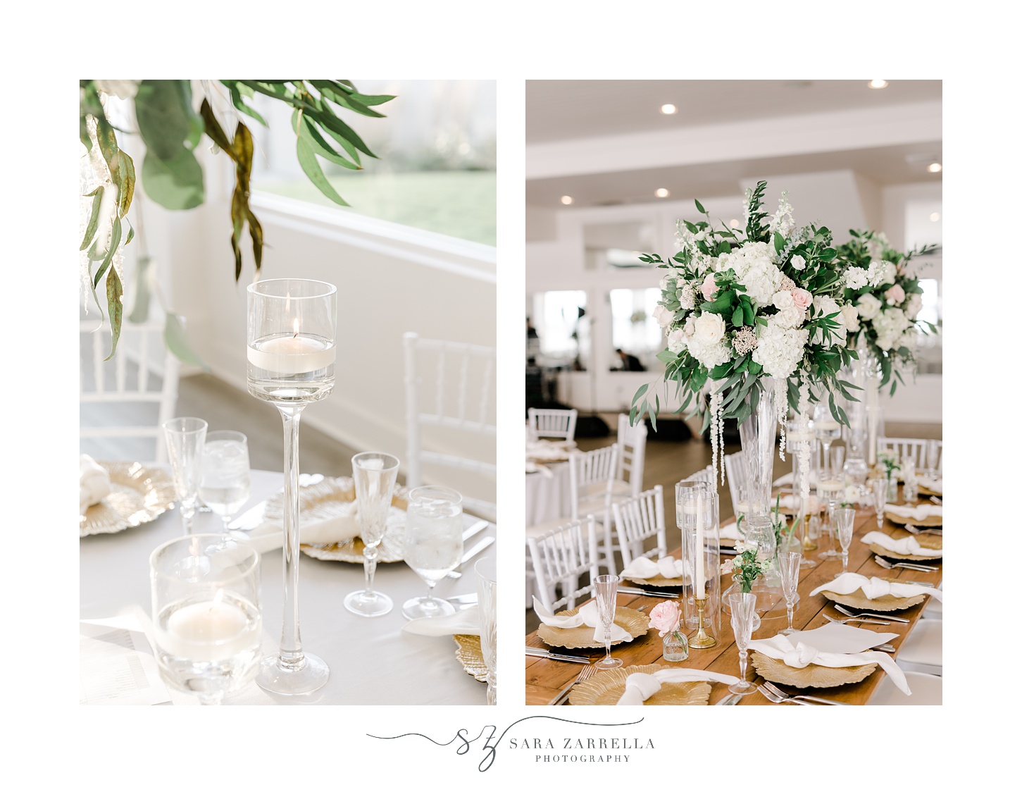 summer wedding reception at Belle Mer Island House with white floral centerpieces 