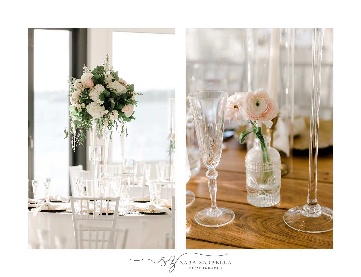 white and pink floral centerpieces for summer wedding reception at Belle Mer Island House