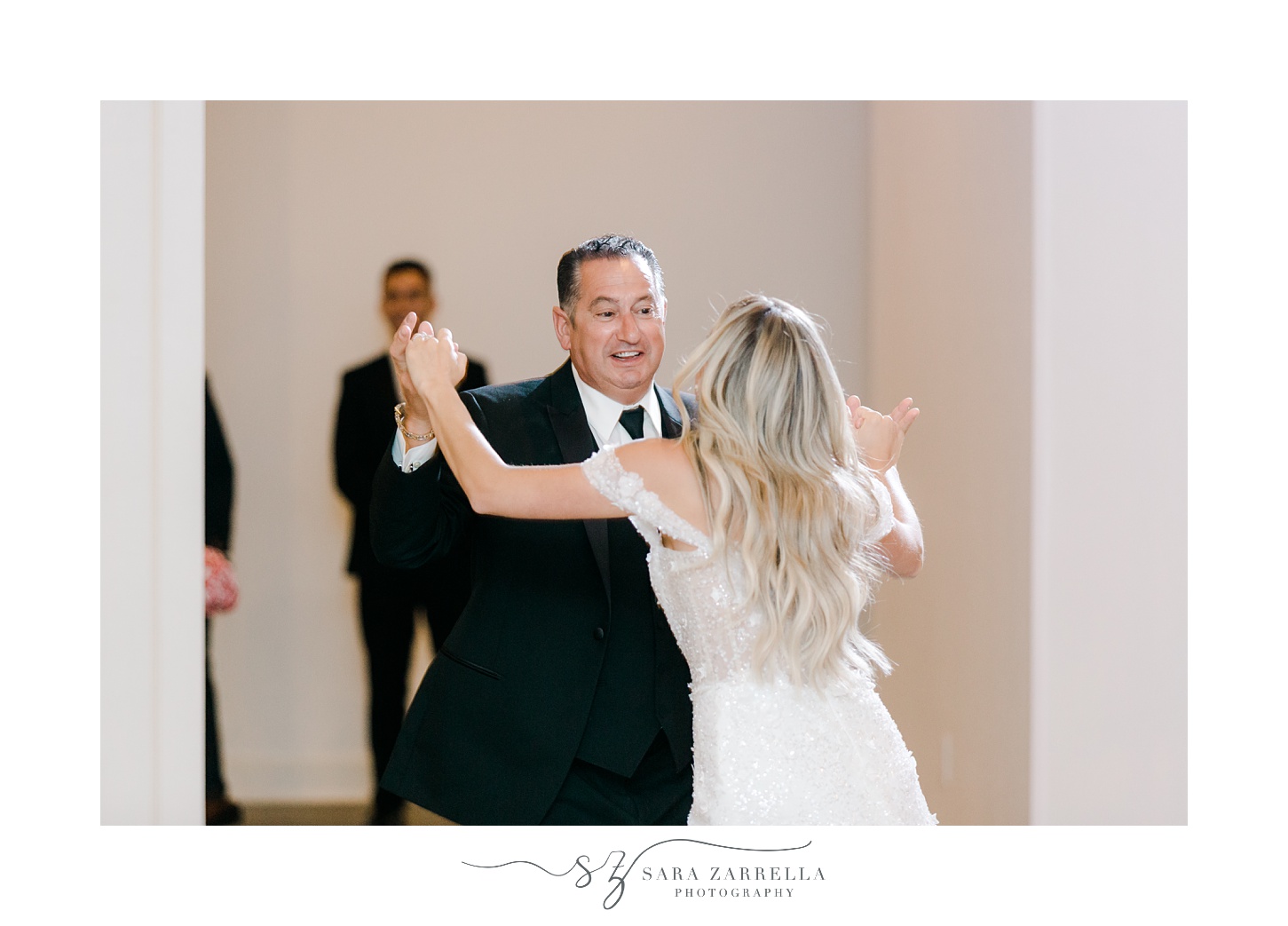 bride and father dance together during RI wedding reception at Belle Mer Island House