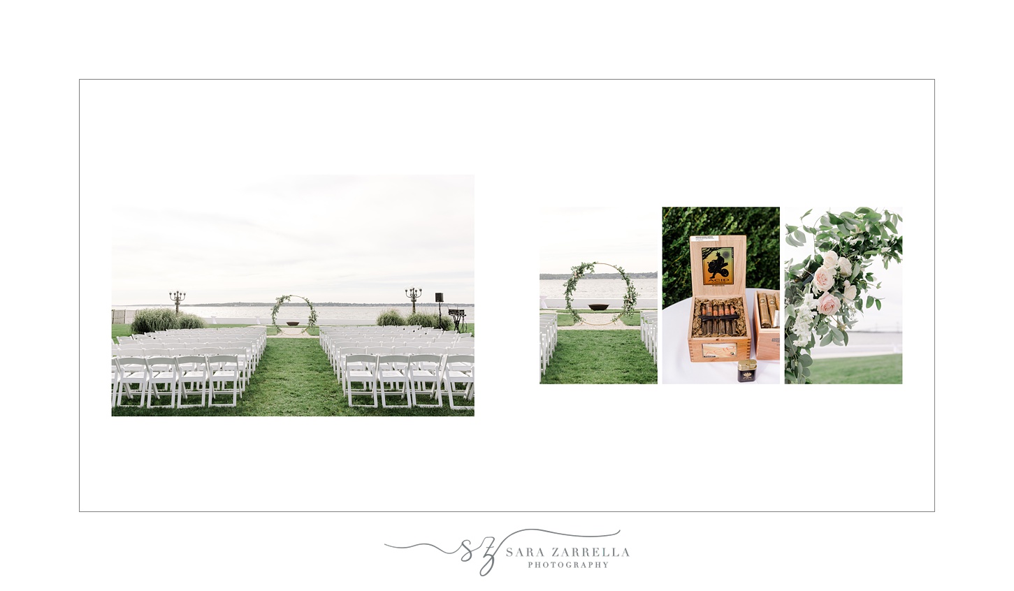 Storybook Album of summer wedding at Belle Mer Island House designed by RI wedding photographer Sara Zarrella Photography