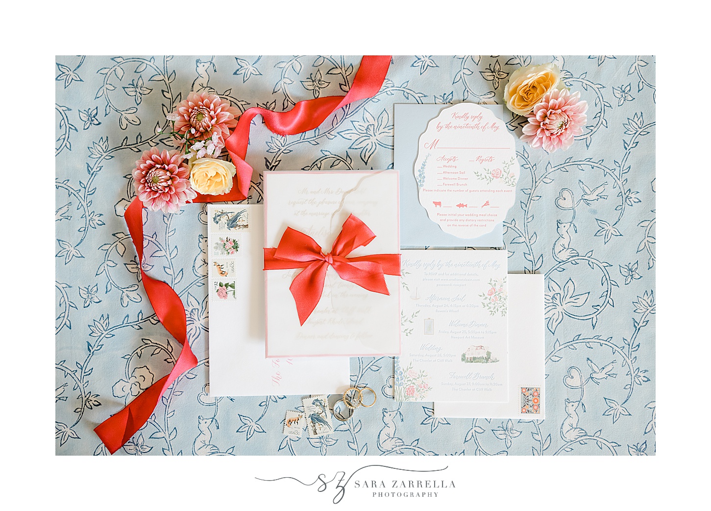 stationery set with coral ribbon and vintage stamps 