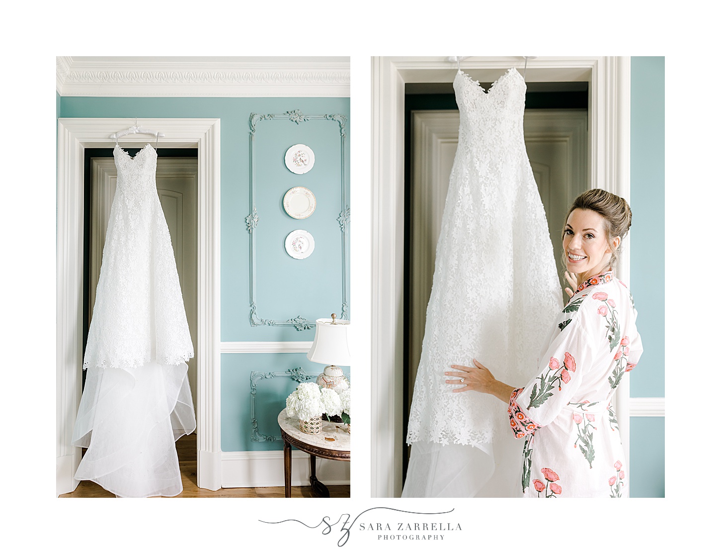 bride looks at wedding dress hanging in doorway of bridal suite at the Chanler