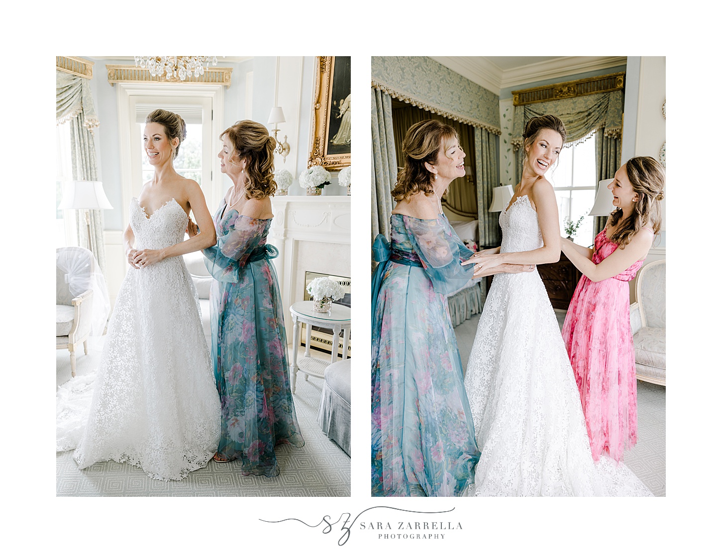 bridesmaid and mother help bride into gown inside the bridal suite at the Chanler