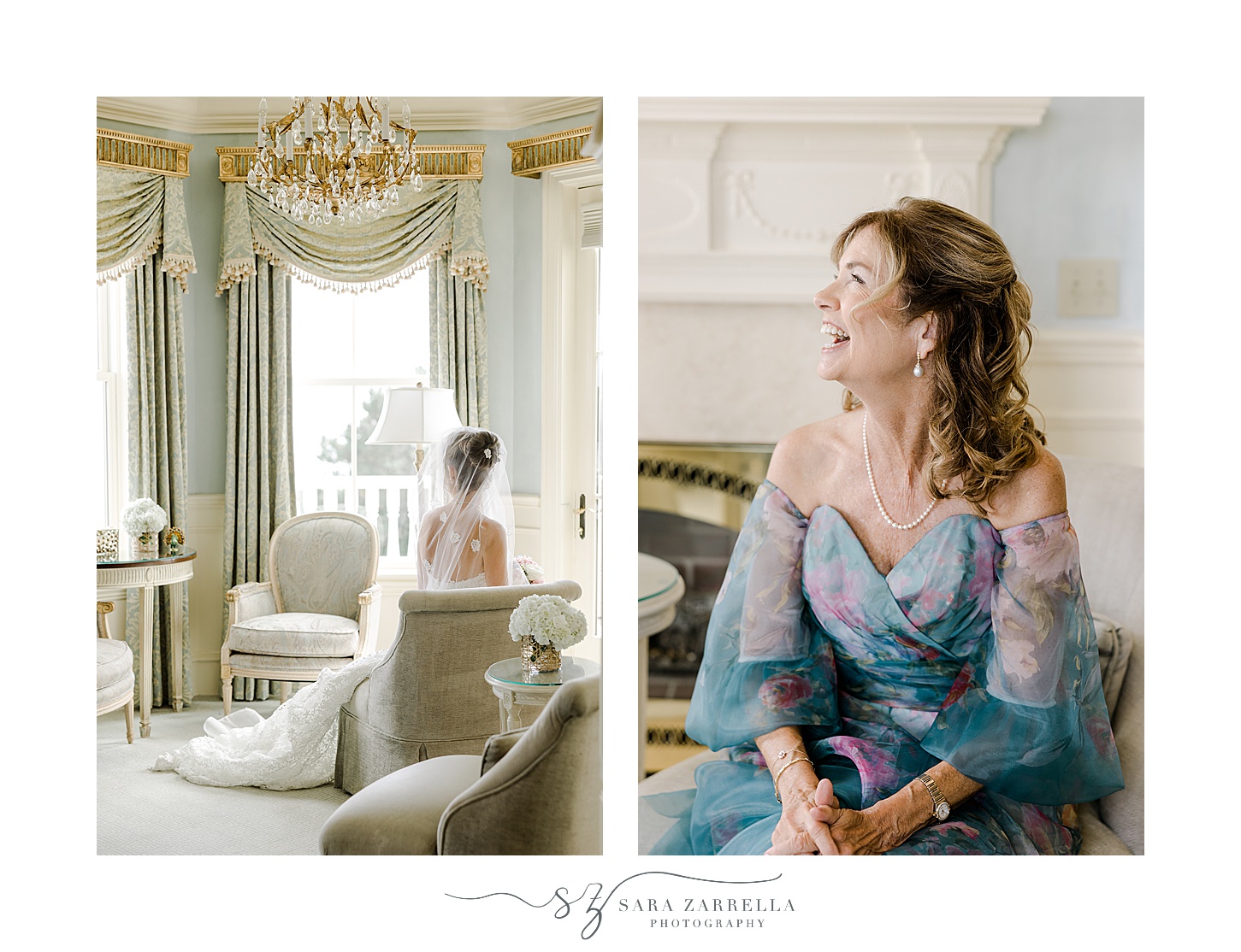 bride and mom sit inside the bridal suite at the Chanler