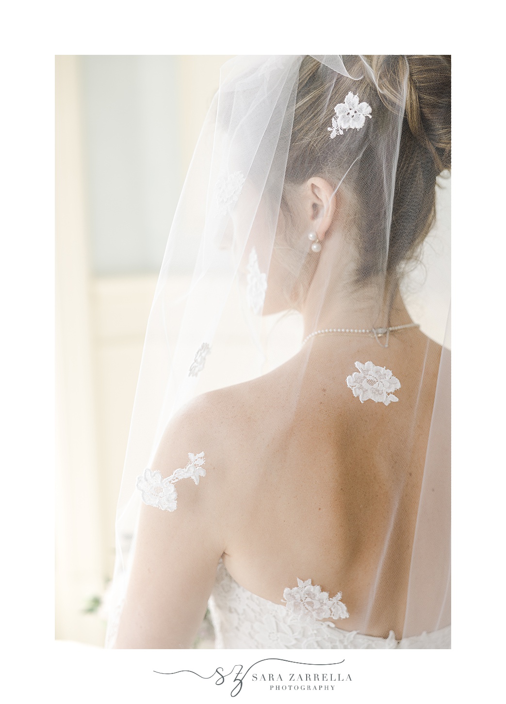 flower applique on bride's veil inside the bridal suite at the Chanler