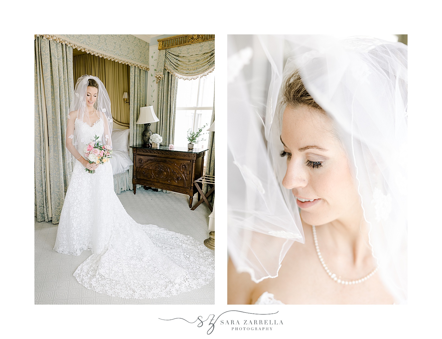 bride looks down at bouquet holding veil around shoulders inside the bridal suite at the Chanler