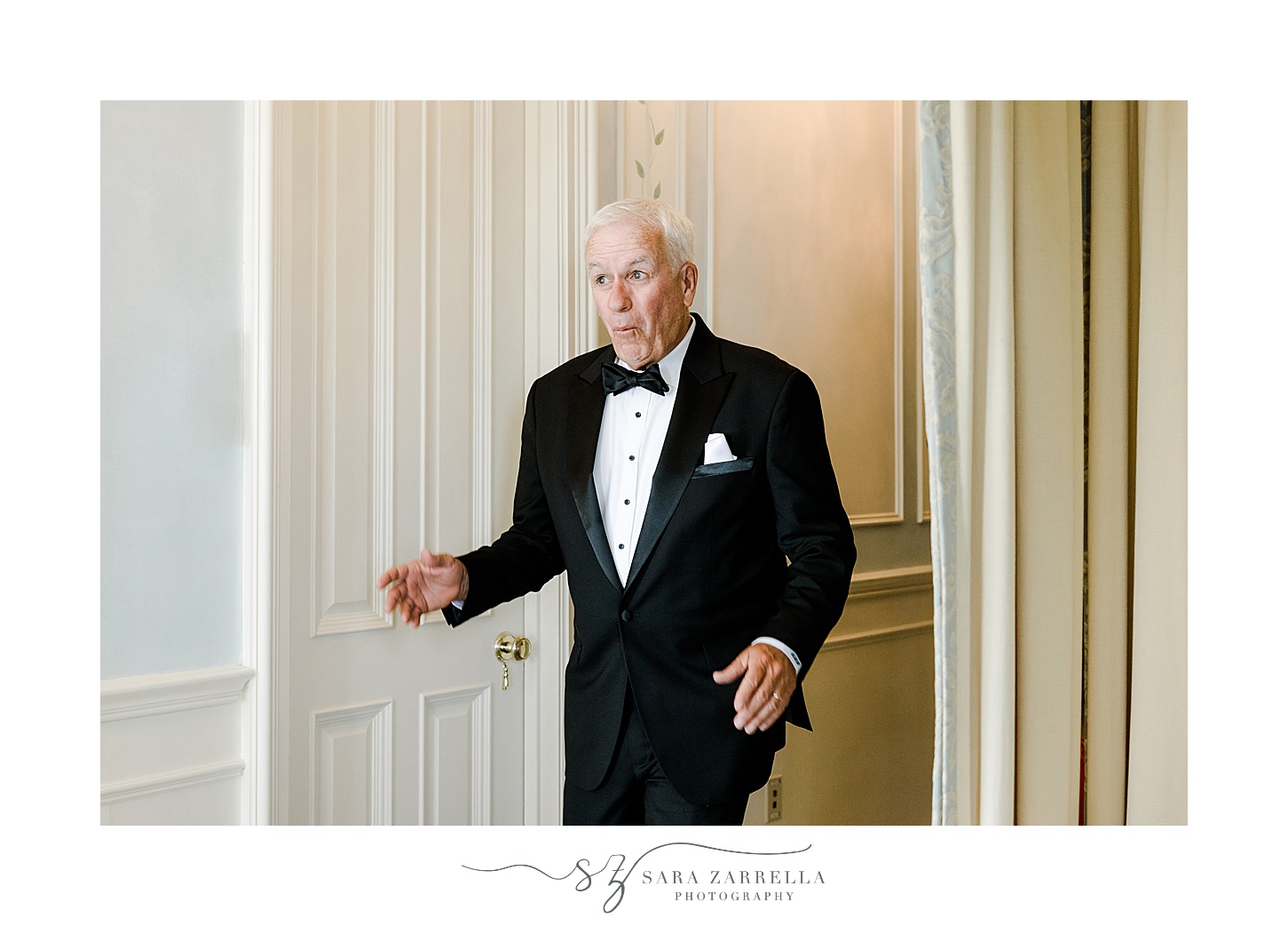 dad in tux enters the bridal suite at the Chanler