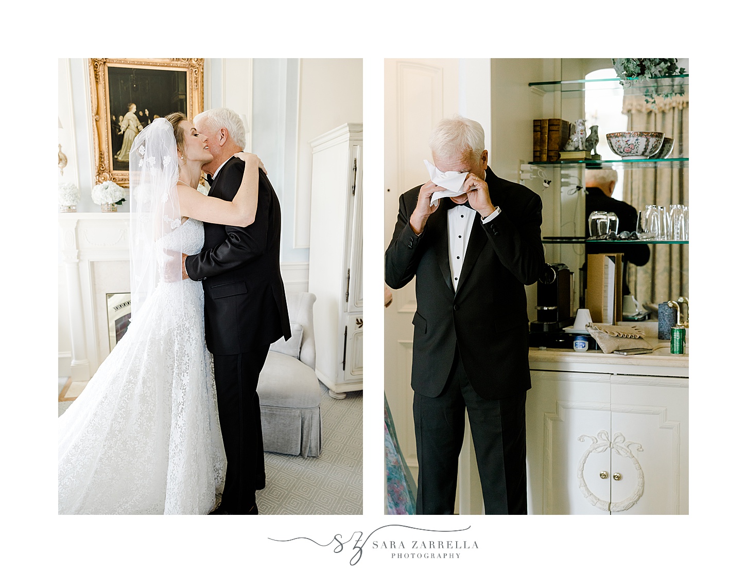 dad cries during first look with bride inside the bridal suite at the Chanler
